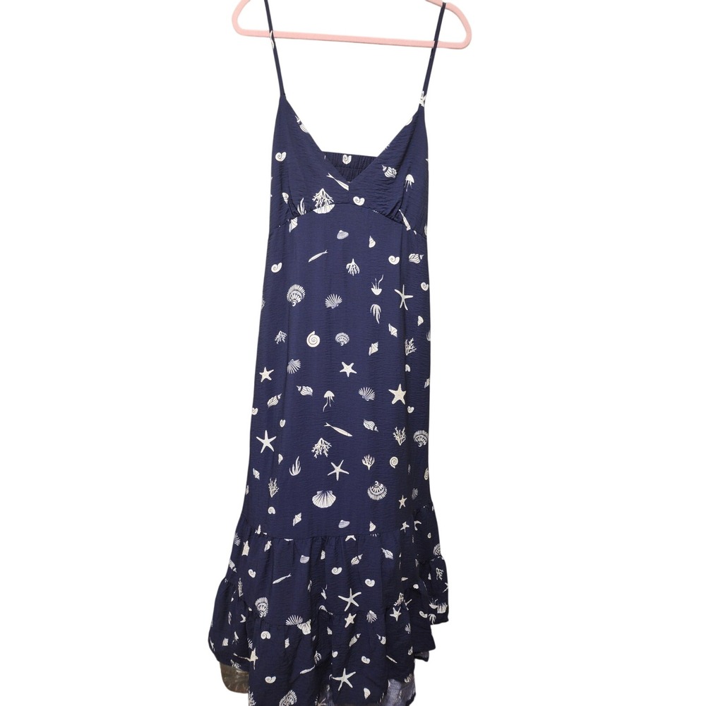 A New Day Navy Blue Seashell Starfish Maxi Dress XL NWT Cutout Back Tiered Hem
